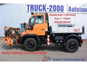Camion plateau Mercedes-Benz Unimog U400 4x4 Mulag Teleskop + Frontausleger