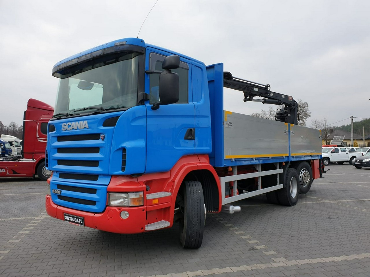 Camion plateau, Camion grue Scania R 400 LB 6x2 HDS Budowlanka Widły Oś Skrętna Super Stan: photos 18