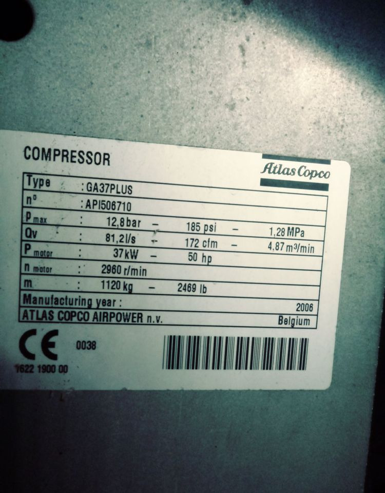 Kompresor Atlas Copco Atlas Copco GA37 Plus 2006 Kompresor sprężarka śrubowa - Compresseur d'air: photos 3 Kompresor Atlas Copco Atlas Copco GA37 Plus 2006 Kompresor sprężarka śrubowa - Compresseur d'air: photos 3