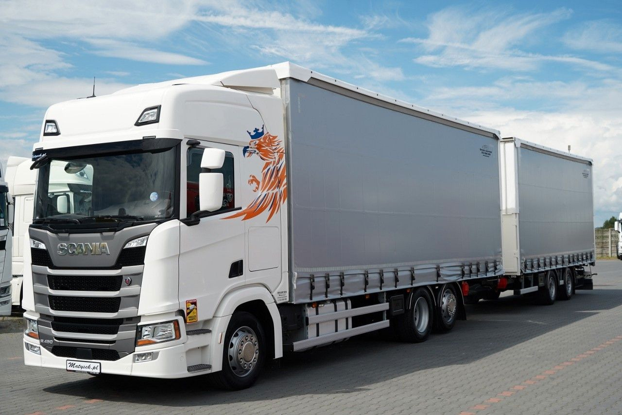 Scania R 450 / ZESTAW TANDEM 120 M3 / PRZEJAZDOWY / OŚ - Camion à rideaux coulissants: photos 1 Scania R 450 / ZESTAW TANDEM 120 M3 / PRZEJAZDOWY / OŚ - Camion à rideaux coulissants: photos 1