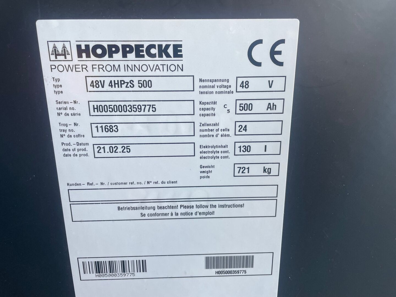 Hoppecke 48V 4 HPzS 500 - Accumulateur pour Matériel de manutention: photos 2 Hoppecke 48V 4 HPzS 500 - Accumulateur pour Matériel de manutention: photos 2