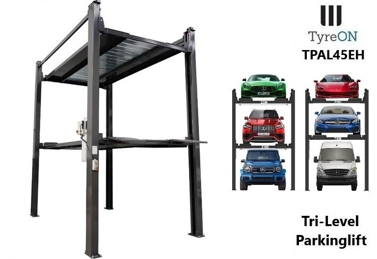 TPAL45EH 4 post car stacker lift - Three level parking lift 3 cars on each- Electrically unlocked - Close fitting platforms - 15 cm ramp height - Autostacker 2500kg + 2000kg - Équipement de garage: photos 1 TPAL45EH 4 post car stacker lift - Three level parking lift 3 cars on each- Electrically unlocked - Close fitting platforms - 15 cm ramp height - Autostacker 2500kg + 2000kg - Équipement de garage: photos 1