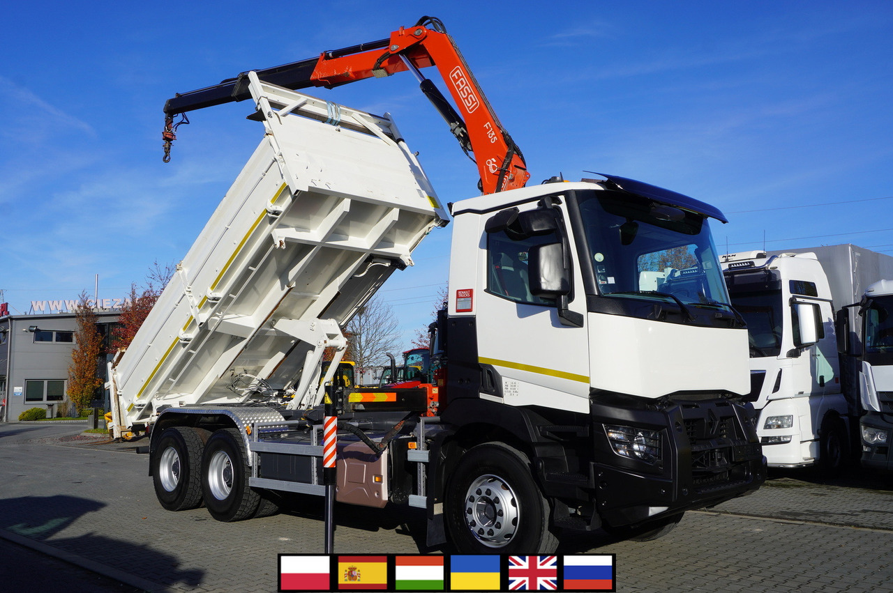 RENAULT C380 E6 6×4 / HDS Fassi F135 2700 MTH / Range 8 m / 5.6 t lifting capacity / 3-side tipper / Bortmatic - Camion grue: photos 1 RENAULT C380 E6 6×4 / HDS Fassi F135 2700 MTH / Range 8 m / 5.6 t lifting capacity / 3-side tipper / Bortmatic - Camion grue: photos 1