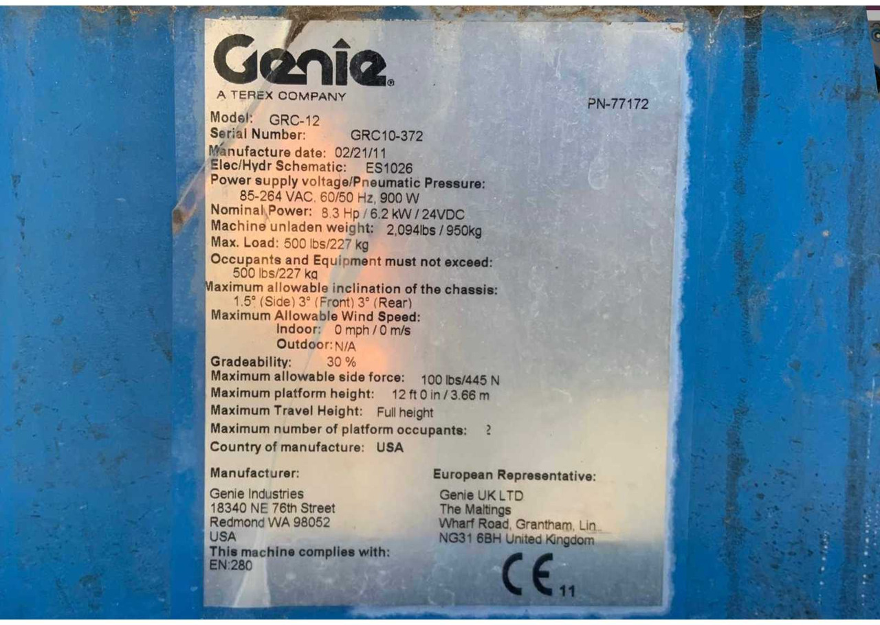 Nacelle 2011 GENIE GRC-12 AERIAL PLATFORM / PASSENGER LIFT: photos 15 Nacelle 2011 GENIE GRC-12 AERIAL PLATFORM / PASSENGER LIFT: photos 15