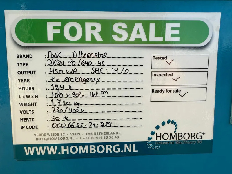 Groupe électrogène AVK 450 kVA generatordeel Alternator as New ! 194 hours: photos 12