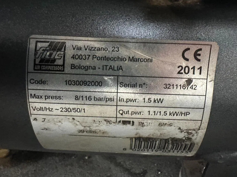 Fiac Airmec ECU Olievrije Elektrische Zuigercompressor 1.5 PK 205 L / min 8 Bar - Compresseur d'air: photos 3 Fiac Airmec ECU Olievrije Elektrische Zuigercompressor 1.5 PK 205 L / min 8 Bar - Compresseur d'air: photos 3