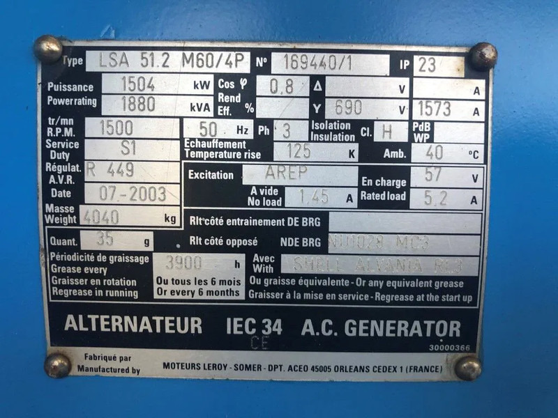 Leroy Somer SDMO 1880 kVA generatordeel SDMO 1880 kVA generatordeel op frame - Groupe électrogène: photos 4 Leroy Somer SDMO 1880 kVA generatordeel SDMO 1880 kVA generatordeel op frame - Groupe électrogène: photos 4