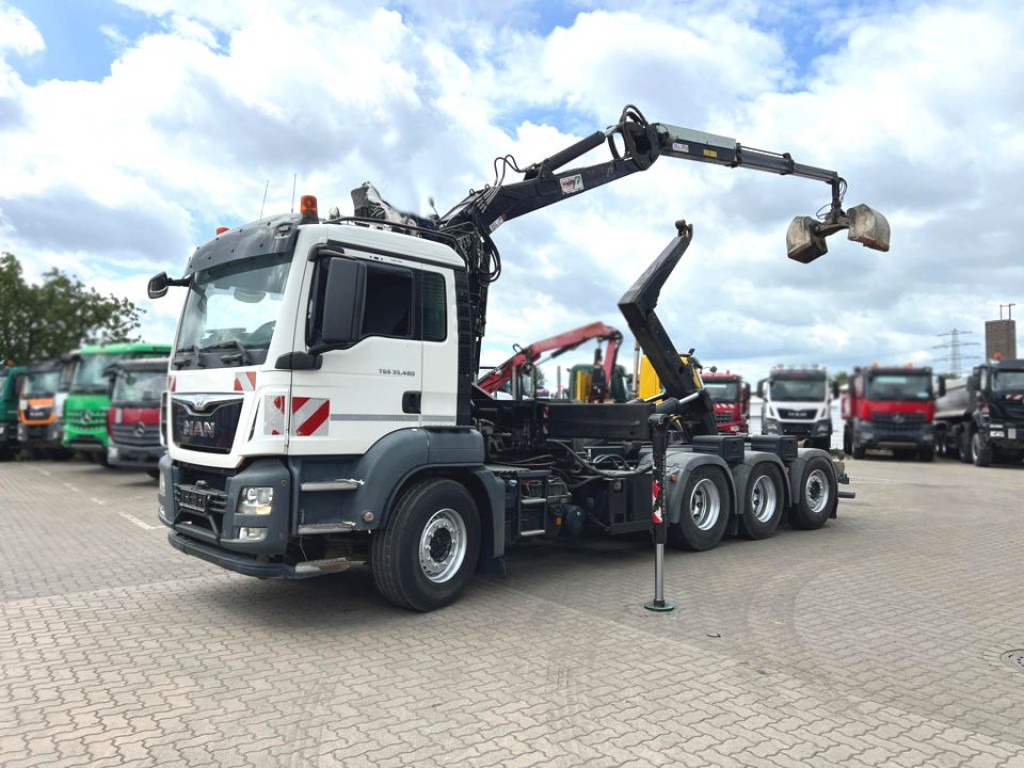 MAN TG-S 35.480 8x4 BL Abrollkipper mit Kran Penz-15L9.80+Meiller RK 30.60L Lenk-Lift Achse - Camion ampliroll, Camion grue: photos 1 MAN TG-S 35.480 8x4 BL Abrollkipper mit Kran Penz-15L9.80+Meiller RK 30.60L Lenk-Lift Achse - Camion ampliroll, Camion grue: photos 1